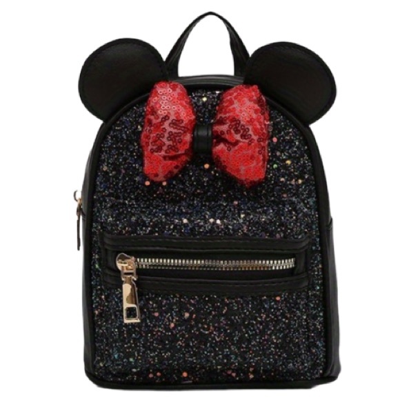 NEW Glitter/Sequin Mouse Ears Adjustable Straps Mini Backpack Black Gold Red - Picture 2 of 10